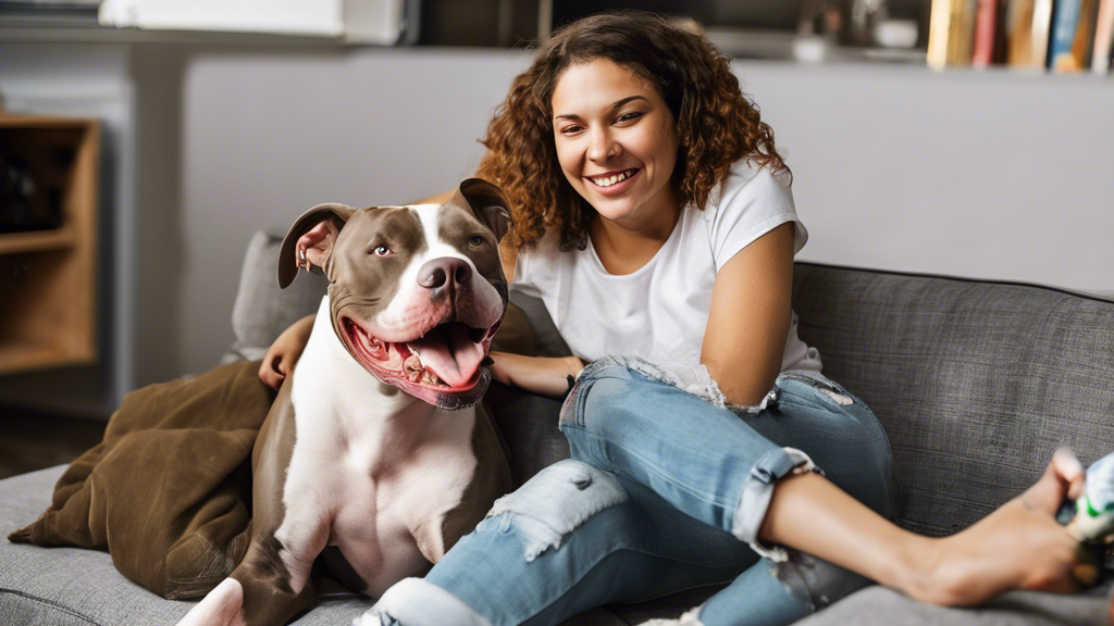 A young woman smiling and sitting next to a friendly pitbull on a couch, cuddling and playing together.