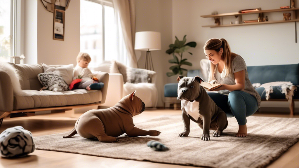 A spacious living room with plush furniture and plenty of natural light. A young American Bully puppy is playing with a toy on the floor, and an adult Amer
