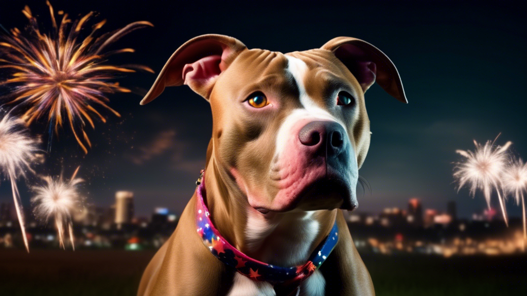A photo of a pitbull looking scared and anxious, with fireworks exploding in the distance.