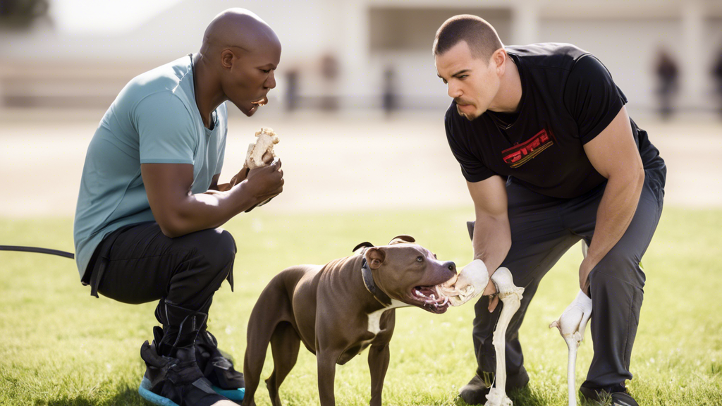 A pitbull chewing on a bone with a trainer standing nearby, providing guidance and supervision on proper chewing behavior.