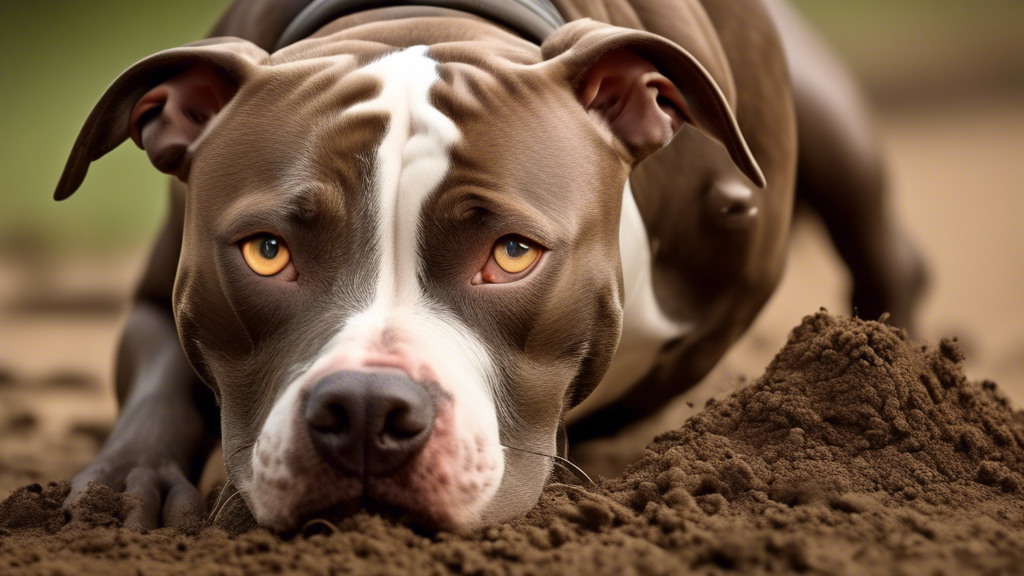 A determined pitbull digging furiously at a patch of dirt, with a determined expression on its face.