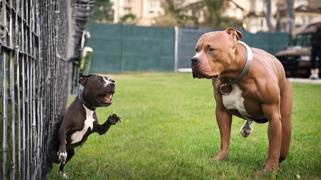 A photo of a pitbull trying to escape from a fence with a thoughtful owner in the background trying to figure out how to handle the situation.