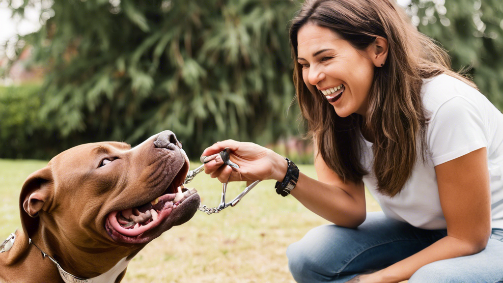 A photo of a woman holding a treat in front of a pitbull's nose while the dog sits calmly. The woman is smiling and the dog is looking at the treat. The pi