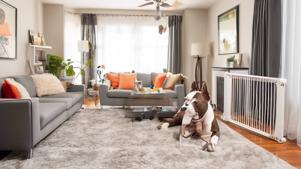Interior of a living room with dog-proofed features such as furniture covers, baby gates, and chew-resistant toys, preparing the space for a pitbull puppy.