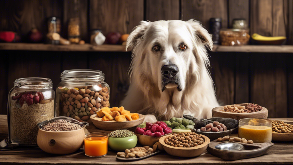 A variety of delicious, nutritious foods suitable for a senior dog, such as homemade meals, wet food, dry food, and treats, all arranged on a rustic wooden