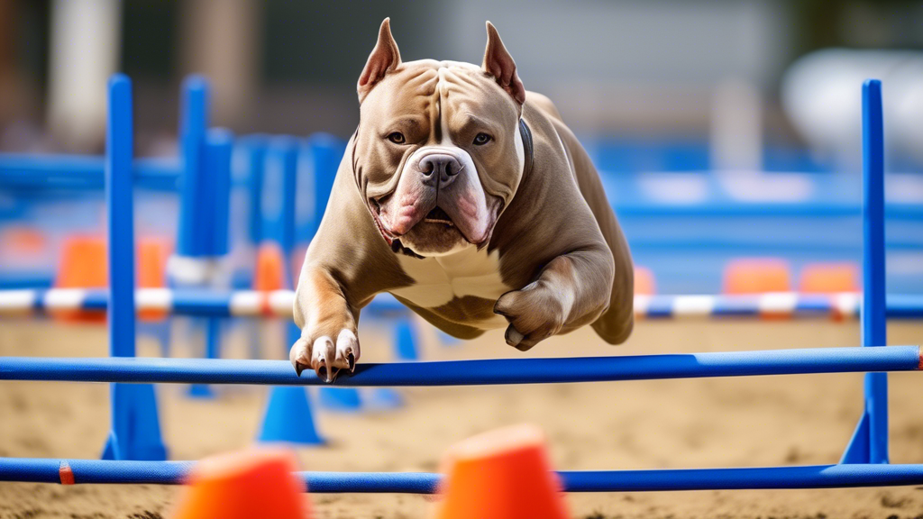 An American Bully dog in an agility course, jumping over hurdles and weaving through cones.