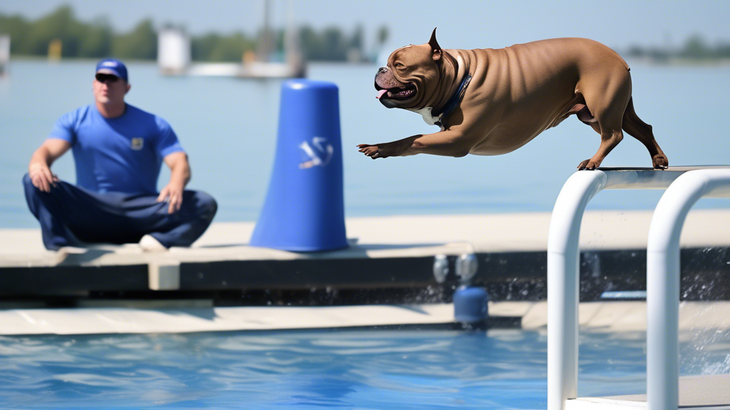 An American Bully performing a dock dive at a competition, with a trainer standing at the edge of the dock and the Bully swimming towards them. The Bully s