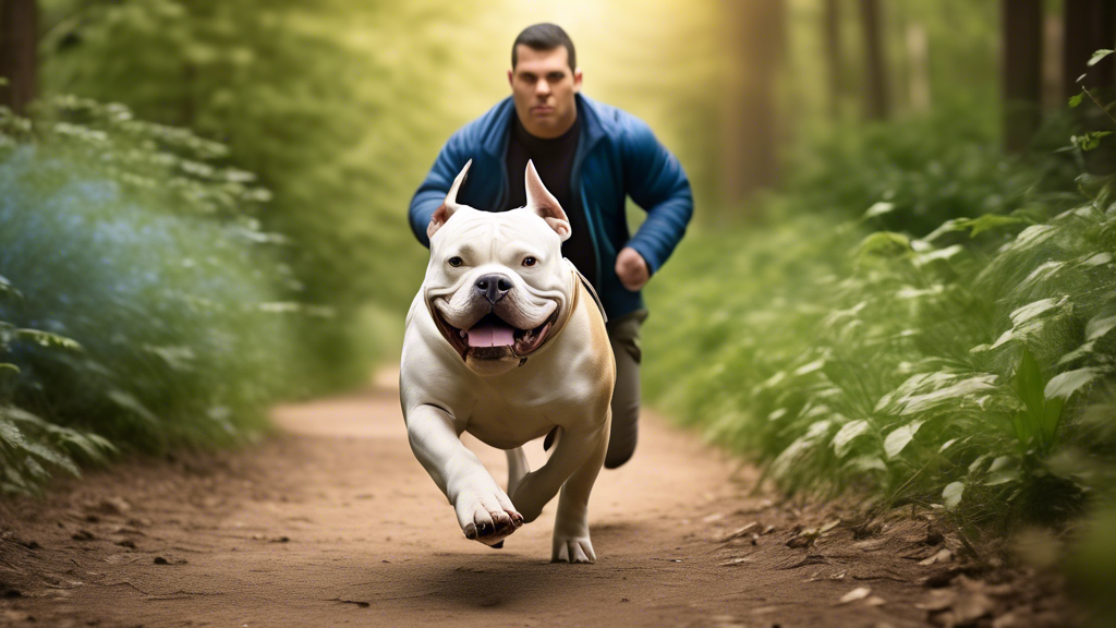 An American Bully dog running off-leash on a nature trail, with the owner supervising nearby. The dog is alert and focused, with a relaxed body language an