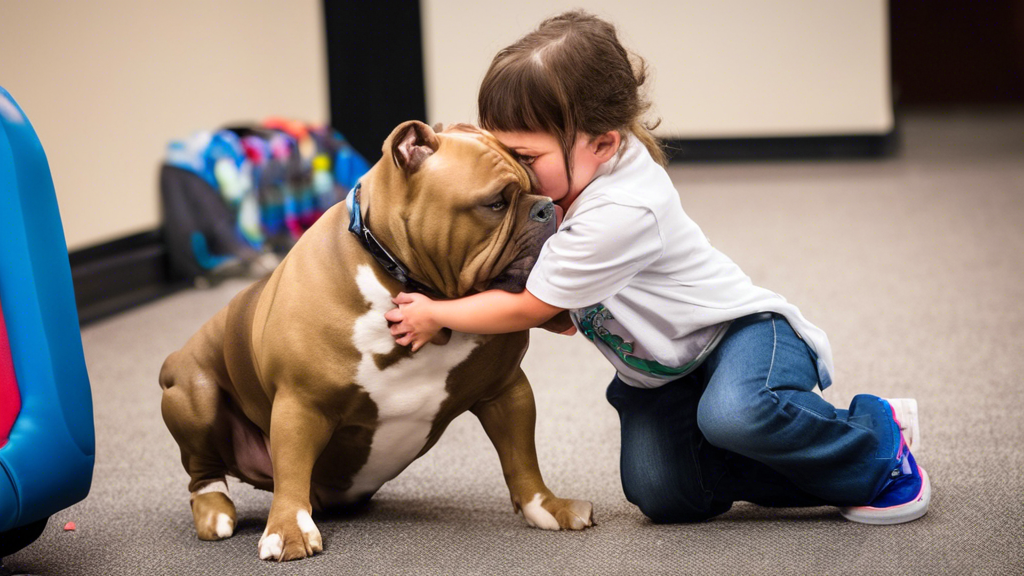 A professional dog trainer teaches an American Bully therapy dog how to comfort a child who is feeling anxious.