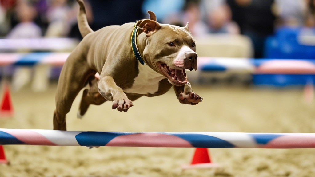 **Prompt:** A pitbull running and jumping over obstacles during an agility competition. The pitbull is focused and determined, with its ears perked up and