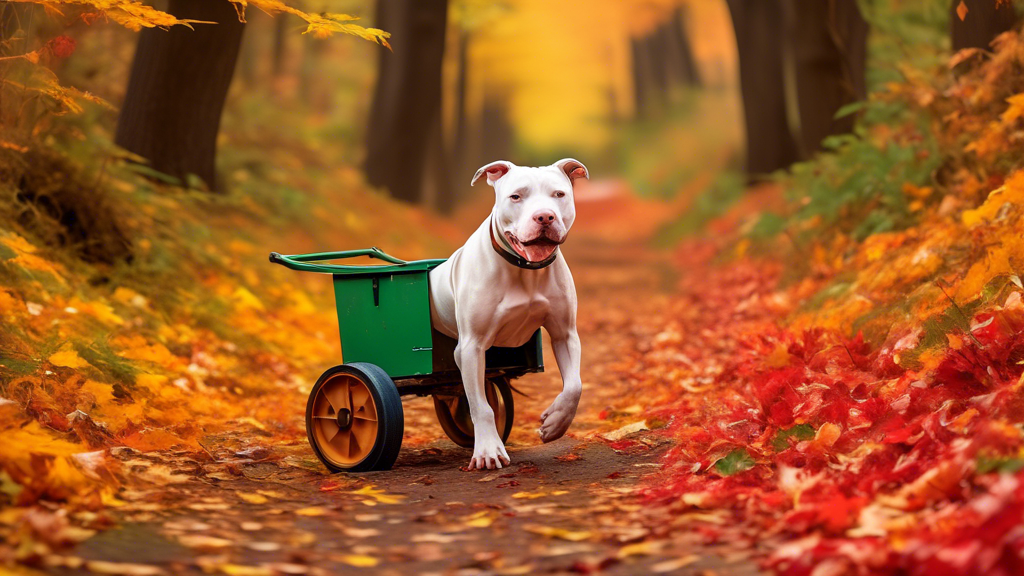 A determined pitbull pulling a small cart filled with colorful cargo through a forest path, surrounded by vibrant autumn leaves.