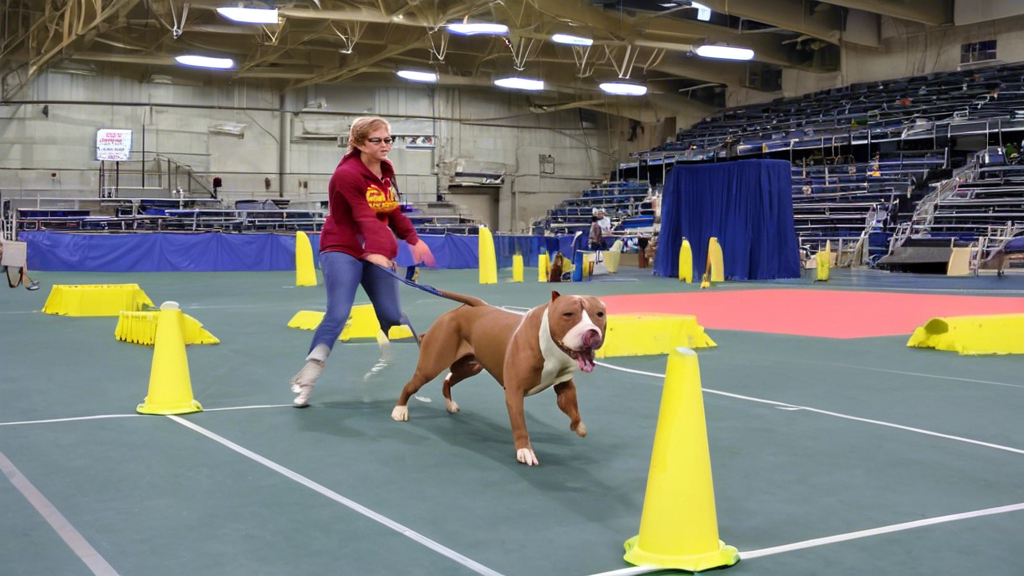 An image of a person training a pitbull in a rally obedience class. The dog is performing an obstacle course, and the person is holding a leash and giving