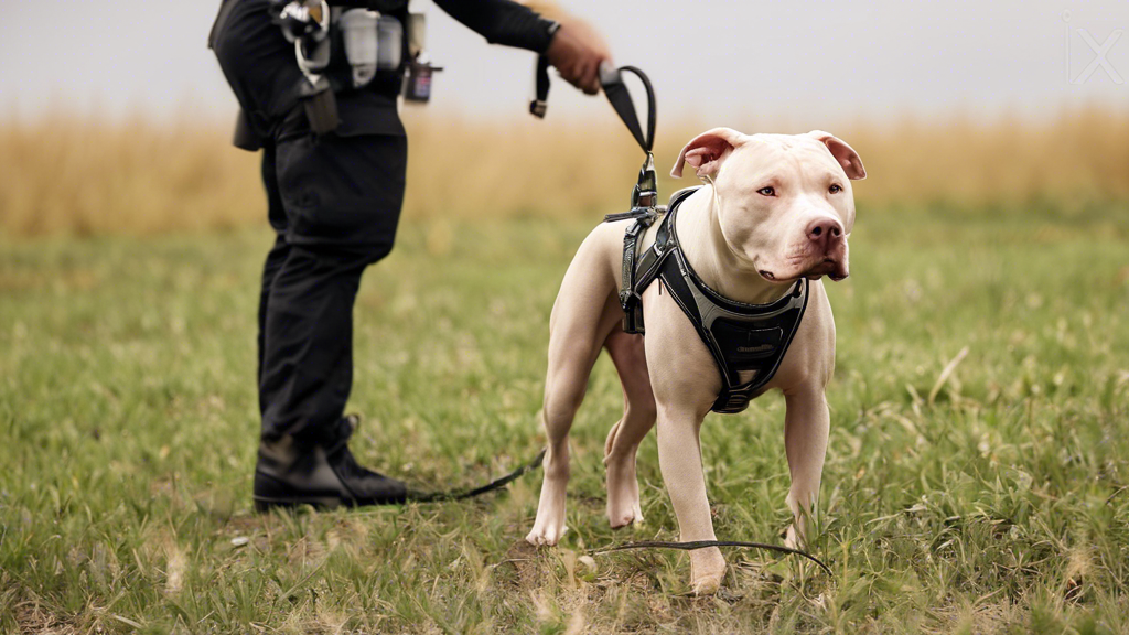 A pitbull wearing a harness and sniffing the ground, with its handler standing nearby in a field. The pitbull is focused on the scent and the handler is ho