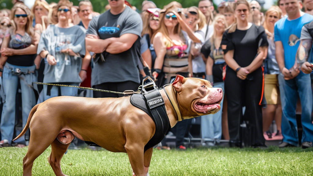 A pitbull wearing a weight pulling harness standing in front of a crowd of people at a weight pulling competition.