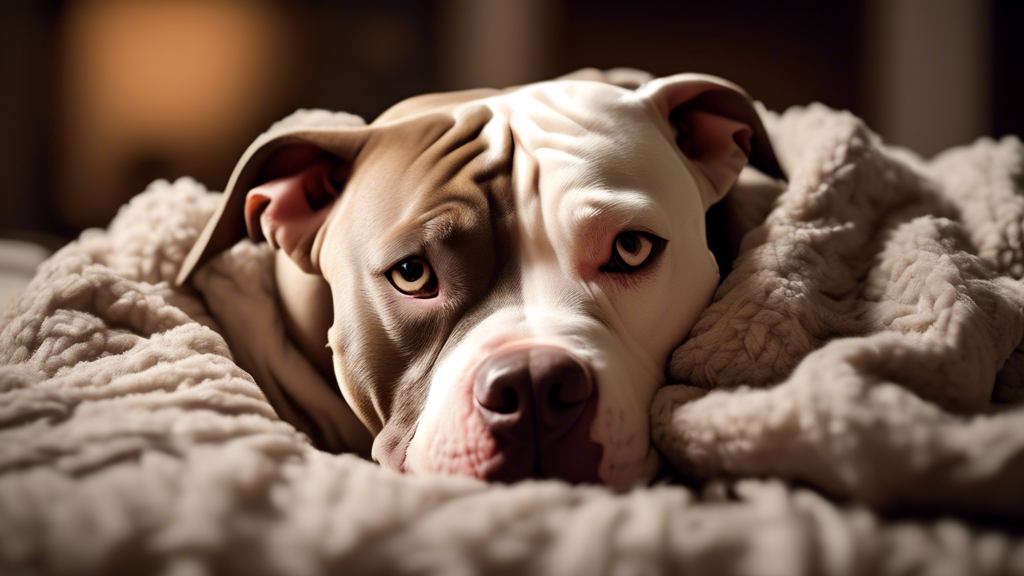 A cozy pitbull curled up on a soft, plush blanket in a warm and inviting living room.