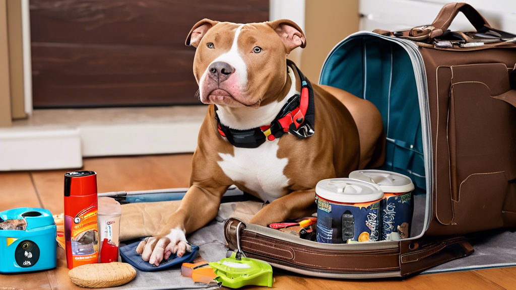 A pitbull dog inside of a dog carrier, surrounded by travel accessories like a suitcase, leash, and snacks.