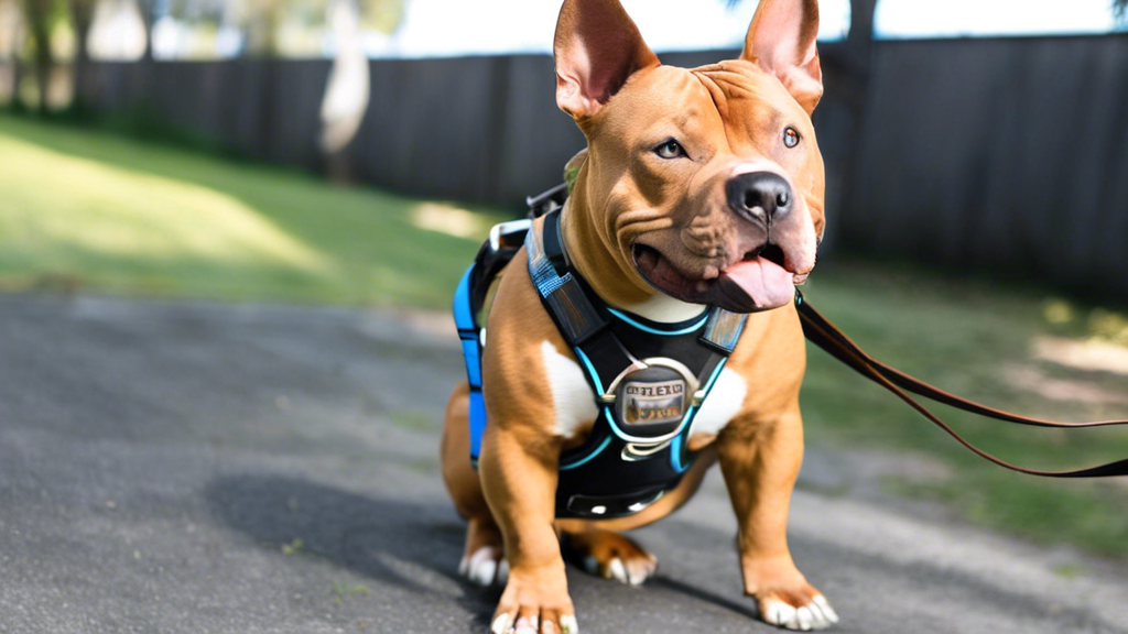 A comfortable, secure dog harness for an American Bully, showing off the dog's playful and energetic personality.