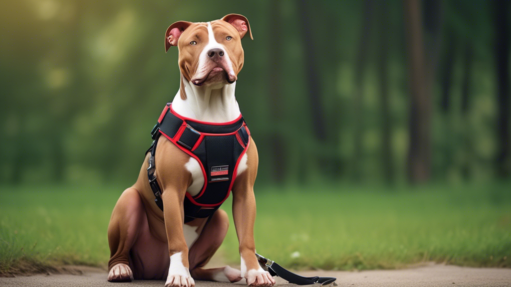 A muscular Pitbull dog with a comfortable-looking, well-fitting harness.