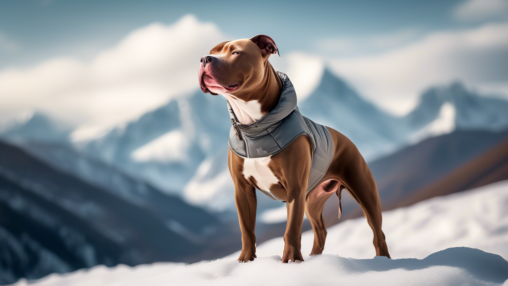 A majestic pitbull standing proudly, wearing a stylish and functional winter jacket, its fur glistening against the backdrop of a snowy mountain landscape.