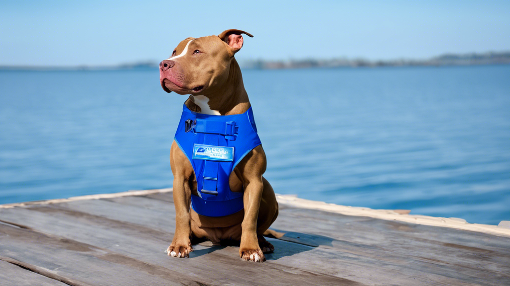 A pitbull wearing a bright blue life jacket, sitting on the edge of a dock, looking out at the water. The sky is blue and the water is calm.