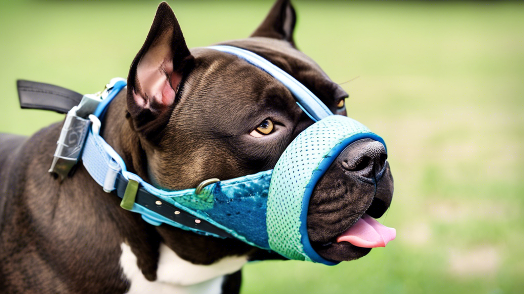 A friendly American Bully dog wearing a comfortable and secure muzzle, with a soft padded lining and adjustable straps, surrounded by soft and calming colo