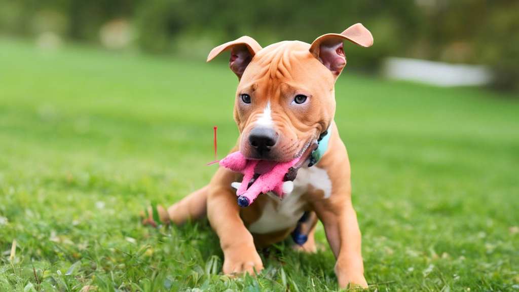 A variety of dog toys suitable for Pitbull puppies, including chew toys, interactive toys, and plush toys. The toys should be safe and fun for the puppies