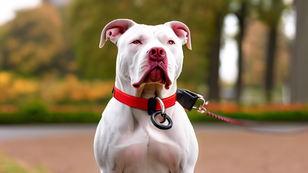 A muscular Pitbull wearing a red collar with an attached leash, standing in a park.