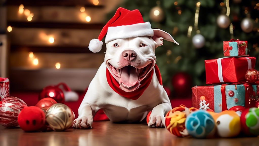 A smiling pitbull wearing a Santa hat, playing with a variety of durable and fun toys, in a festive holiday setting.