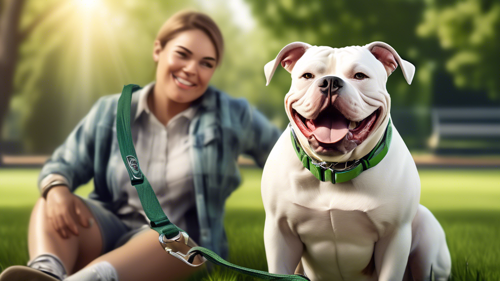 A photorealistic image of an American Bully dog with a friendly expression, sitting next to its owner. The owner is holding a leash and smiling. The backgr