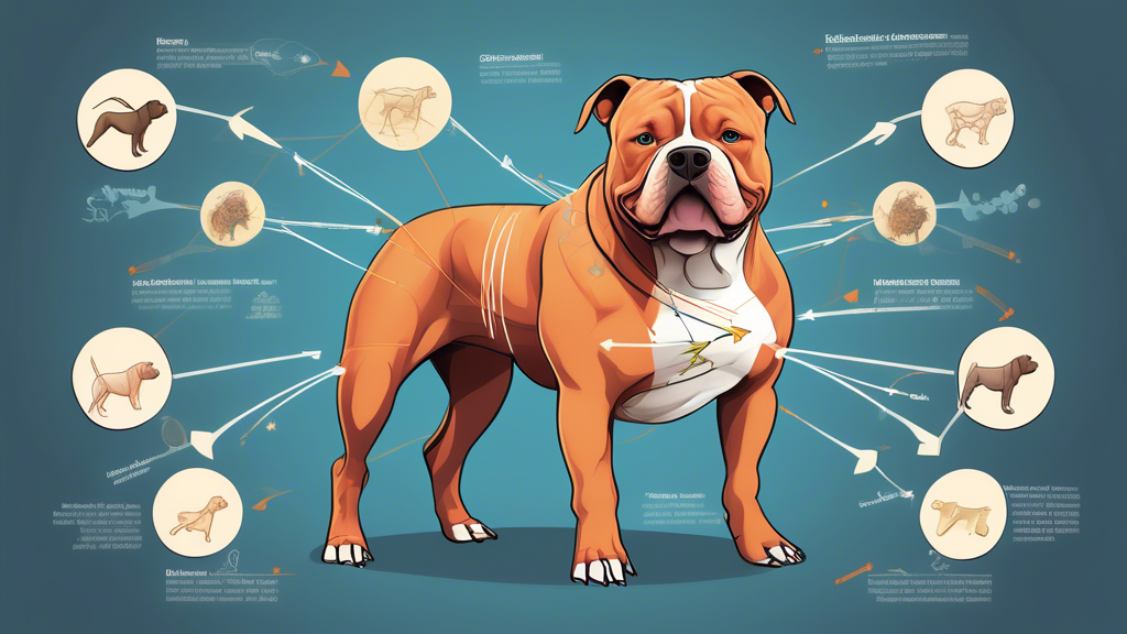 An illustration showing the genetic makeup of an American Bully dog, with arrows pointing to different genes and their functions. The background should be