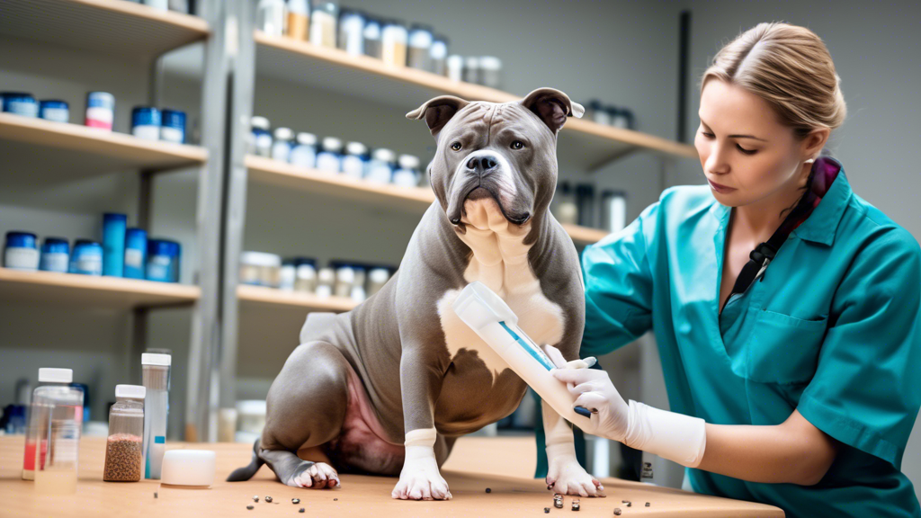 A veterinarian examining the joints of an American Bully dog, with supplements for joint health displayed prominently in the background.