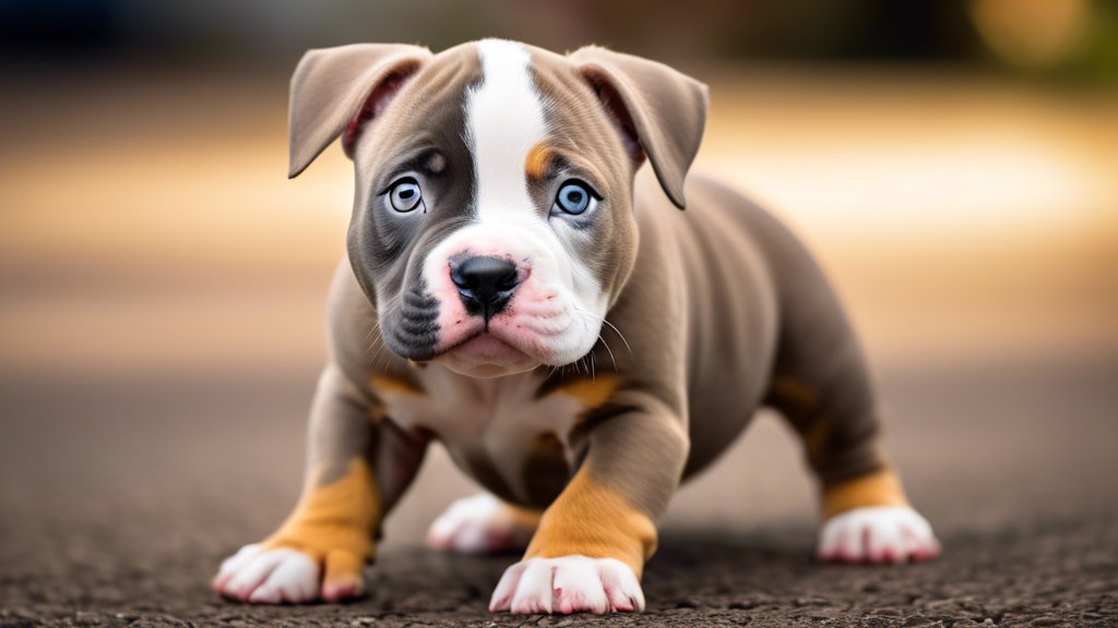 A colorful American Bully puppy curiously explores its surroundings with its bright and alert eyes, discovering the world through its sense of sight.