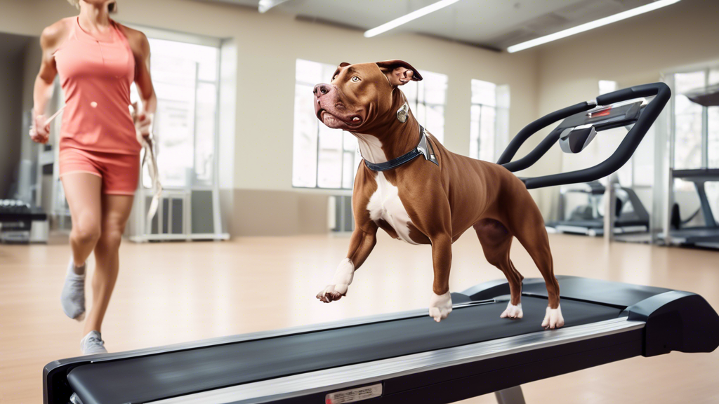 A muscular pitbull dog running on a treadmill next to a nutritionist holding a clipboard with a list of food options.