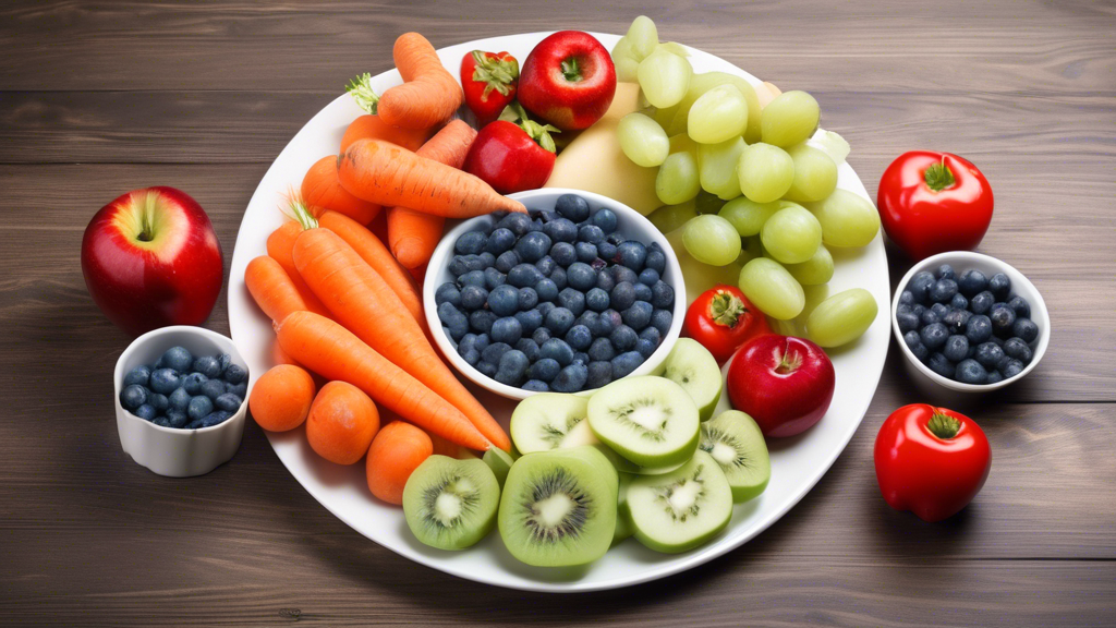 A plate of fresh fruits and vegetables, some of which are safe for dogs to eat, such as carrots, apples, and blueberries.
